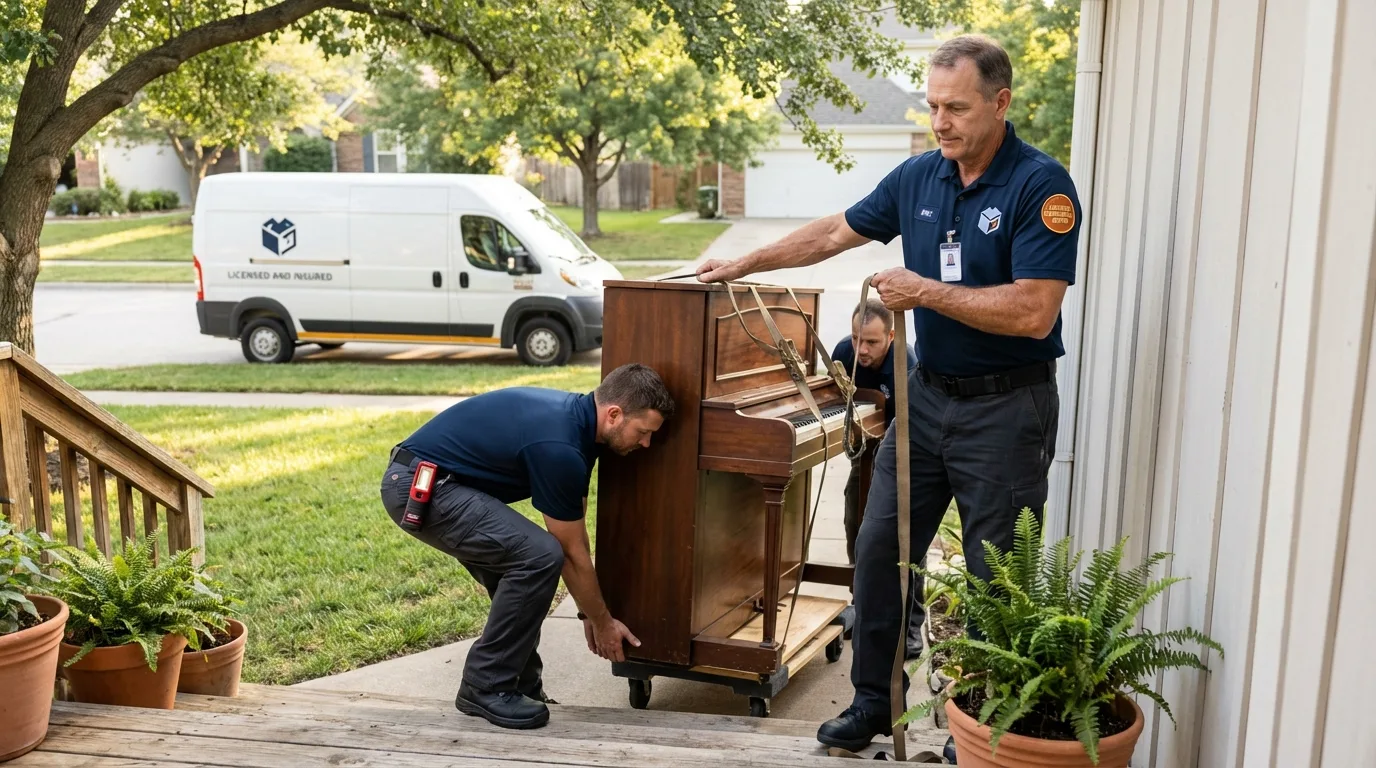 Licensed piano movers securing grand piano in Fairfax, SC
