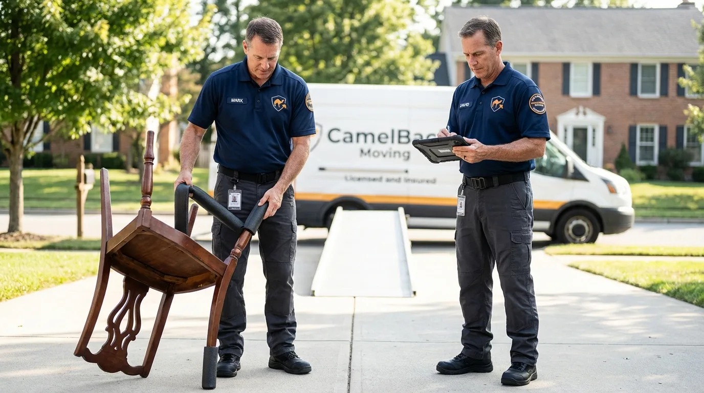 Movers inspecting furniture for damage prevention before loading in Fairfax, SC